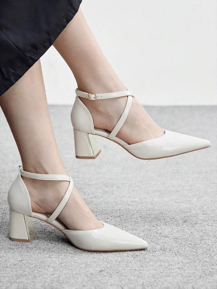 CUCCOO BIZCHIC Women Shoes Women's Pointed Thick Mid-Heel Beige Cross-Strap Hollow Women's High-Heeled Shoes Fashionable And Comfortable Commuter Business Versatile Women's Hollow Shoes Spring Shoes