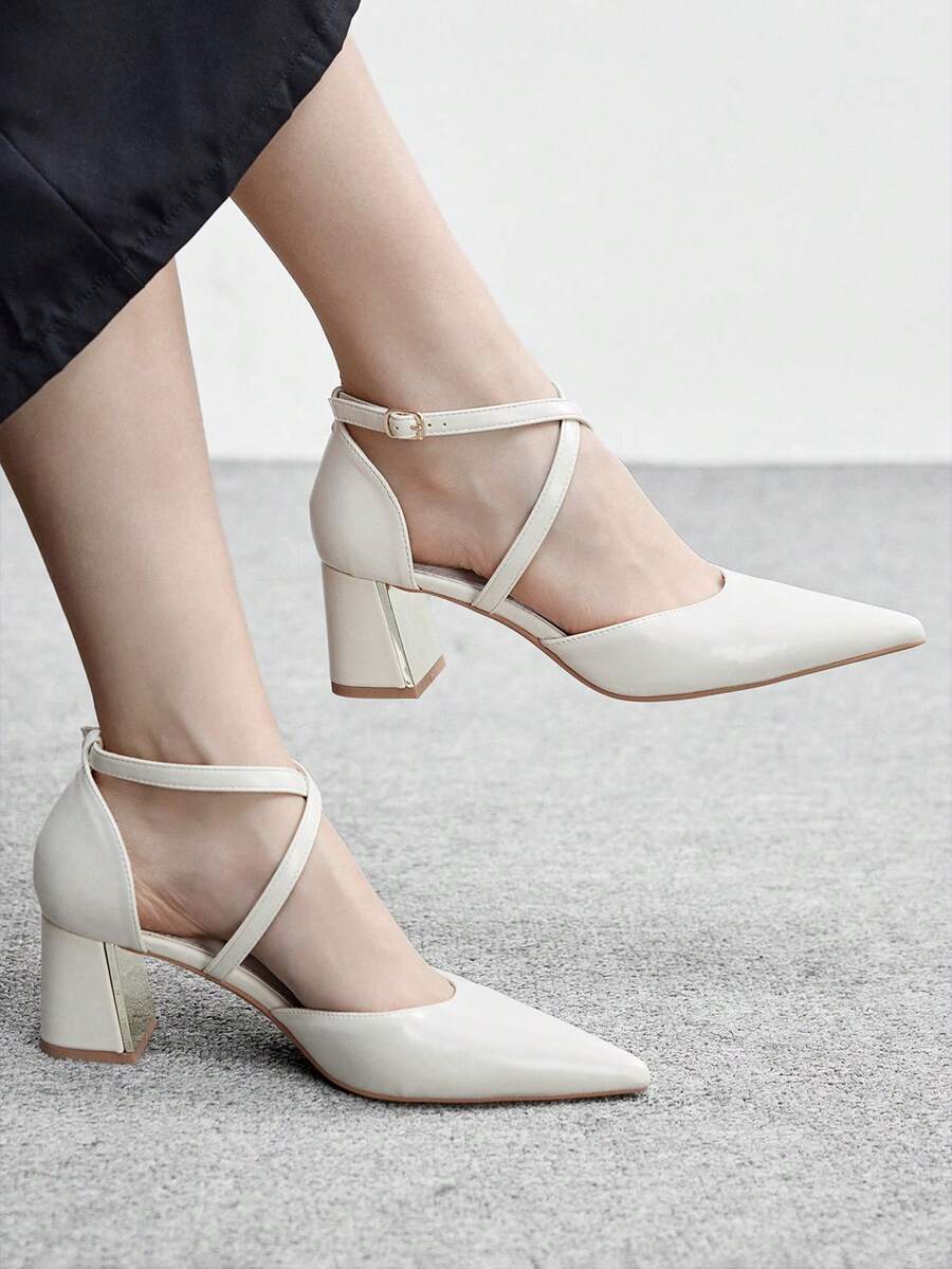 CUCCOO BIZCHIC 女鞋 女士尖头粗跟中跟米色交叉绑带镂空女式高跟鞋 时尚舒适通勤商务百搭女式镂空鞋 - 米色PU - 查看 1