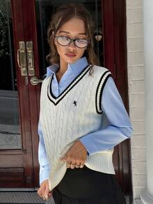 MainGRL Sleeveless Furry Knit Vest Top For Women, White,Autume / Winter,Preppy Outfits,New Year Top,Collage,Sweaters For Women - Black and White - View 1