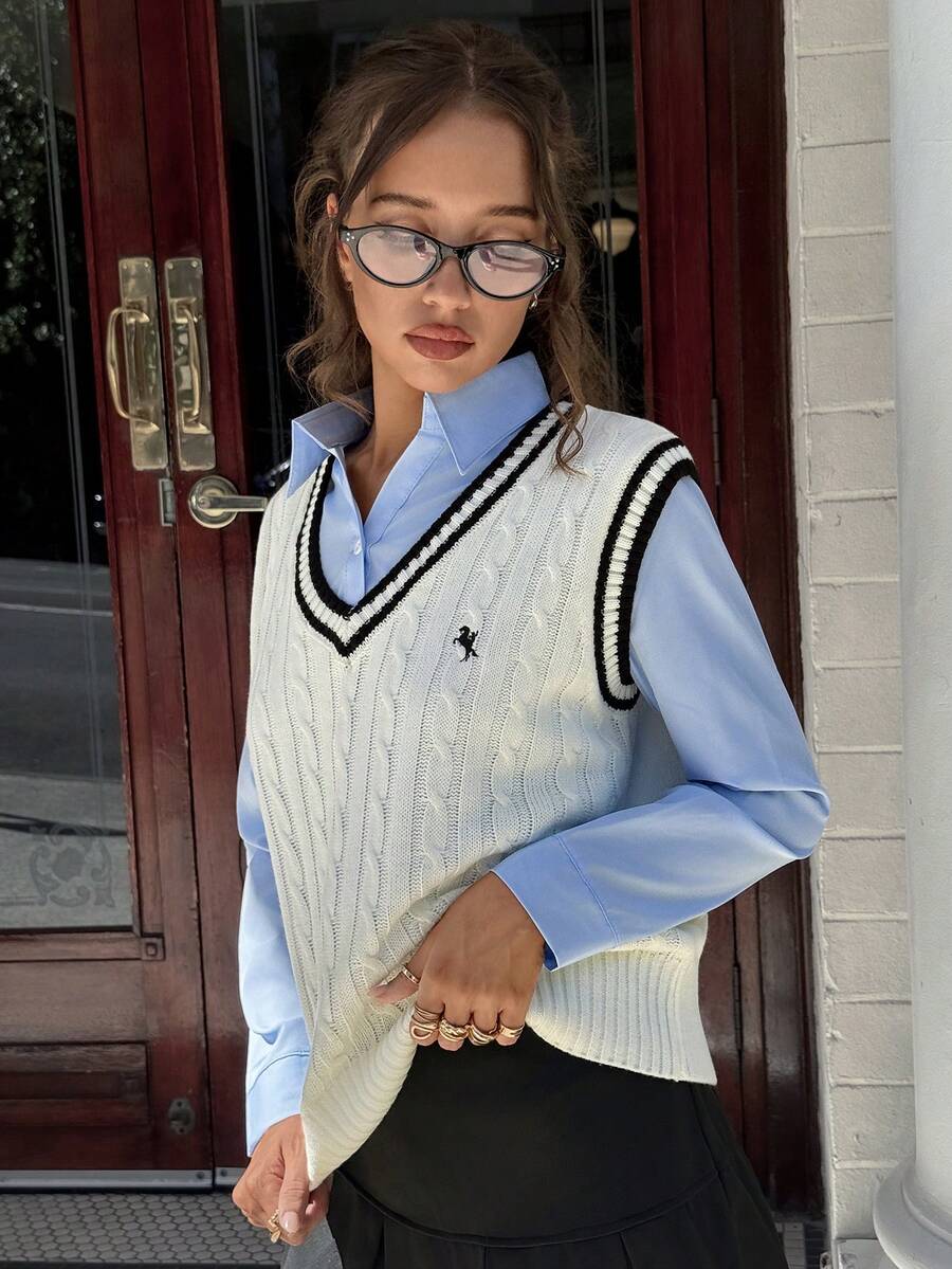 MainGRL Sleeveless Furry Knit Vest Top For Women, White,Autume / Winter,Preppy Outfits,New Year Top,Collage,Sweaters For Women - Black and White - View 1