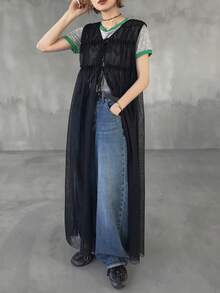 FRIFUL Top ample et ample avec superposition en maille transparente décorative pour femmes - Noir - Voir 4