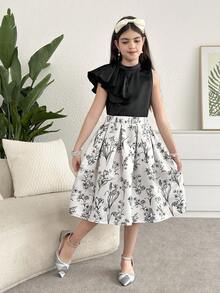 SHEIN Firerie Kids 少女纯色无袖上衣和碎花裙套装，可爱休闲日常百搭 - 彩色 - 查看 4