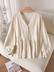 CosyJoli Áo sơ mi tay dài cổ chữ V trễ vai màu trơn cỡ lớn cài nút phía trước thường ngày - Màu be - Xem 4