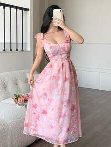 Modelyn Women's Floral Print Twist Shoulder Strap Elegant Waist Cinched Dress - Burgundy - View 1