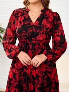 Rosumi 大码V领长灯笼袖收腰印花连衣裙 - 彩色 - 查看 4