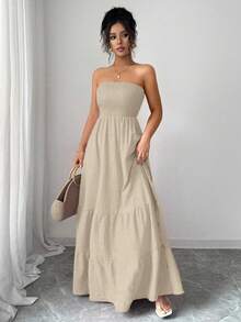 Rafferiza INS风女士露肩休闲度假连衣裙，夏季 - 卡其色 - 查看 6