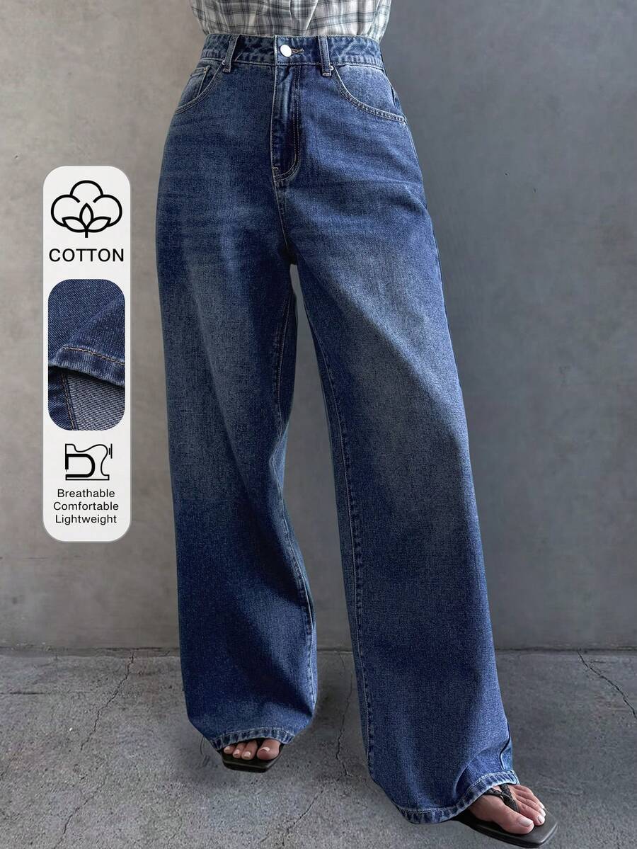 DAZY Women's High Waist Pocketed Wide Leg Loose Casual Versatile Jeans - Blue - View 1