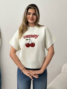 SHEIN Cherry Embroidered Sleeveless Knit Sweater – - Apricot - View 3