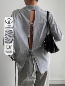 Livesso Chemise femme à manches longues, style décontracté chic, avec design à dos nu et liens, rayures, pour le printemps/été. pour le bureau et la rue - Gris - Voir 1