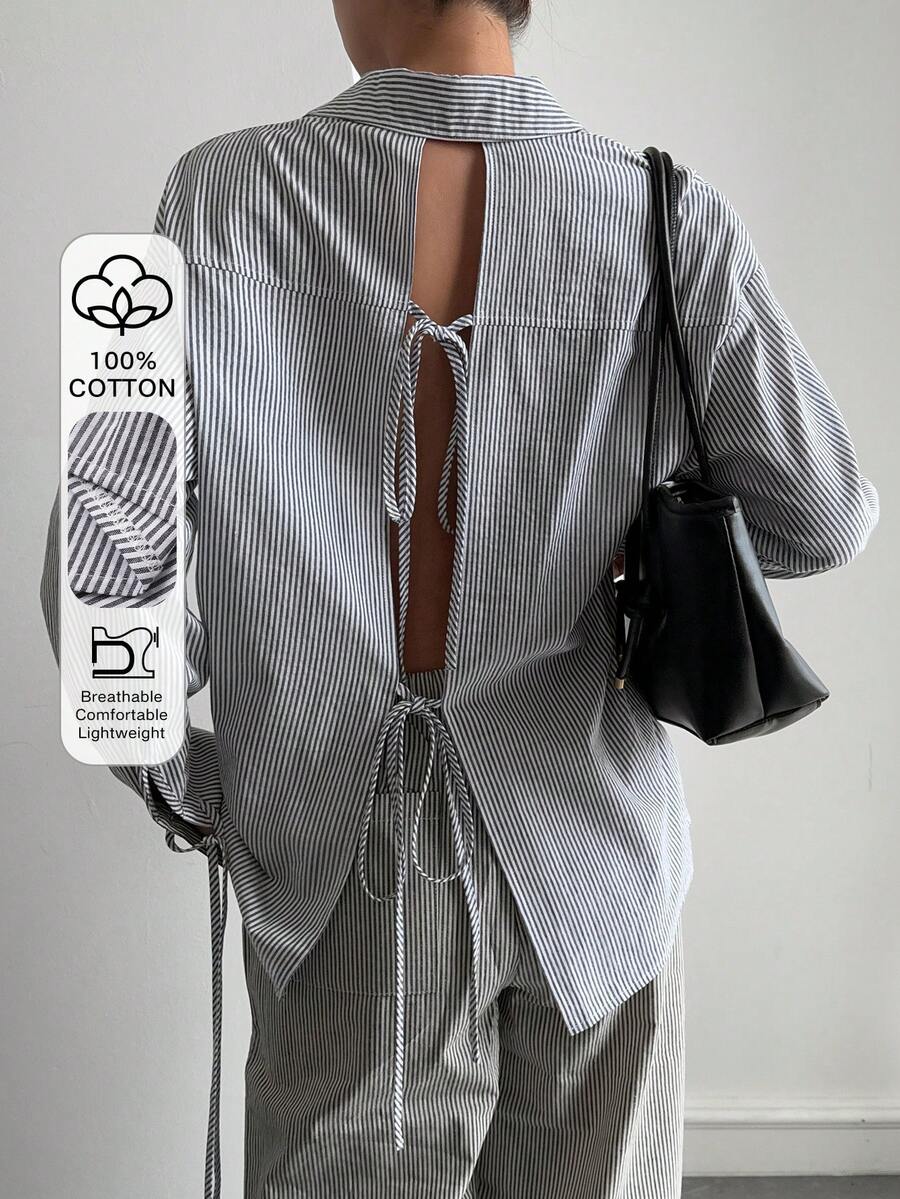 Livesso Chemise femme à manches longues, style décontracté chic, avec design à dos nu et liens, rayures, pour le printemps/été. pour le bureau et la rue - Gris - Voir 1