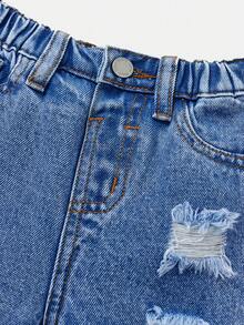 SHEIN Baby Boy Pocket Button Distressed Casual Versatile Daily Wear Denim Bermuda Shorts - Medium Wash - View 4