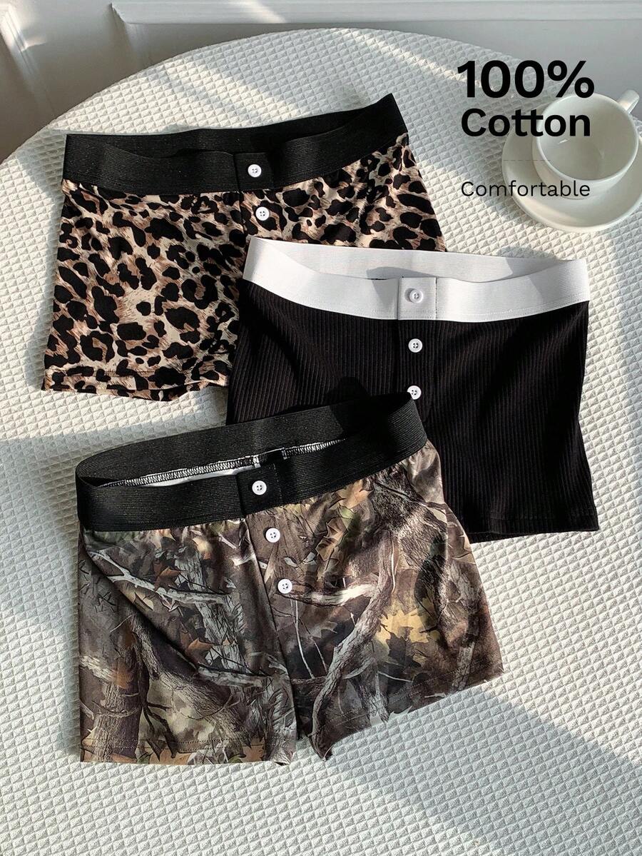 Comfortcana Multicolor Knitted Mini Track Shorts With Buttons And Textured Pattern For Casual Style Animal Print Shorts Camo Shorts - Multicolor - View 1
