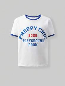SHEIN Casuvi Kids Girls'Oversized T-Shirt,White,Summer,Casual,School,Back-To-School,Loose American Style Letter&Number Print Round Neck Color Block Short Sleeve Top - White - View 3