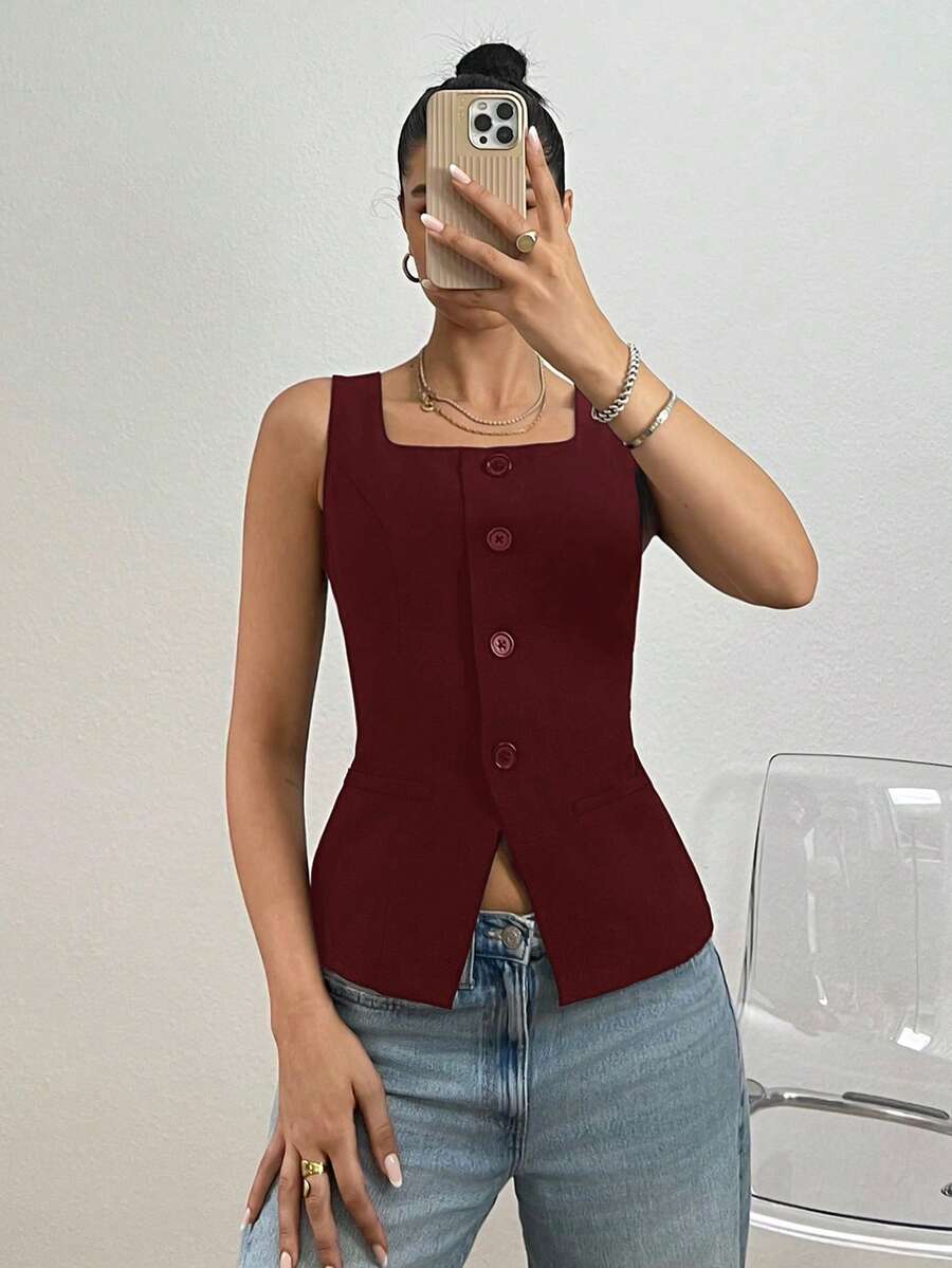 SHEIN EZwear 秋冬季黑色修身女士西装外套 - 酒紅色 - 查看 1