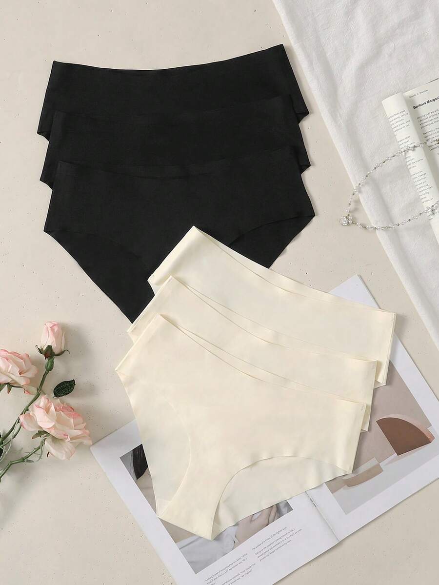 SHEIN Conjunto de 6 calcinhas para adolescentes, pretas e brancas, sem costura, em seda gelada, cintura baixa, sexy, de secagem rápida, ultrafinas, em cores sólidas. - Multicolorido - Ver 1