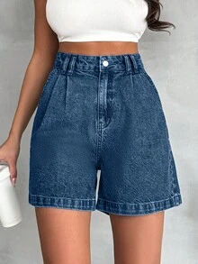 EURMUSE Pantalones de cintura alta de algodón 100% con detalles de bolígrafos, lavado vintage - Azul lavado oscuro - Ver 7