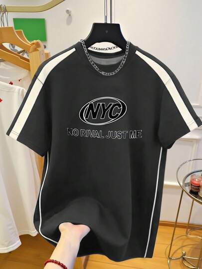 Manfinity Dauomo Streetwear Tops,Streetwear Men,Men Top,Men T-Shirt,Trending Now, Fashion Tops Shirts,Aesthetic T-Shirt,Casual Minimalist Fashion Top,American Retro Striped Color-Blocked Top,