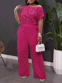 Slaydiva 大码不对称肩部刺绣花卉优雅轻盈两件套，居家办公两件套，镂空细节，女士职业装，工作服 - 玫紅色 - 查看 1