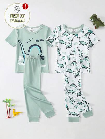 Snug Fit Pajamas For Young BoyGreen Dinosaur Cartoon Print, Short Sleeve Top And Leggings Set, Soft & Comfortable Fabric, Suitable For Spring/Summer Wear