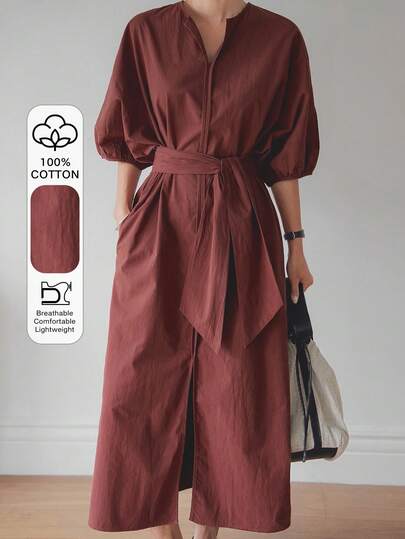 Dazy-Less 夏季宽松商务休闲纯色通勤办公装拼接长款衬衫裙，收腰设计，泡泡袖，短袖女款