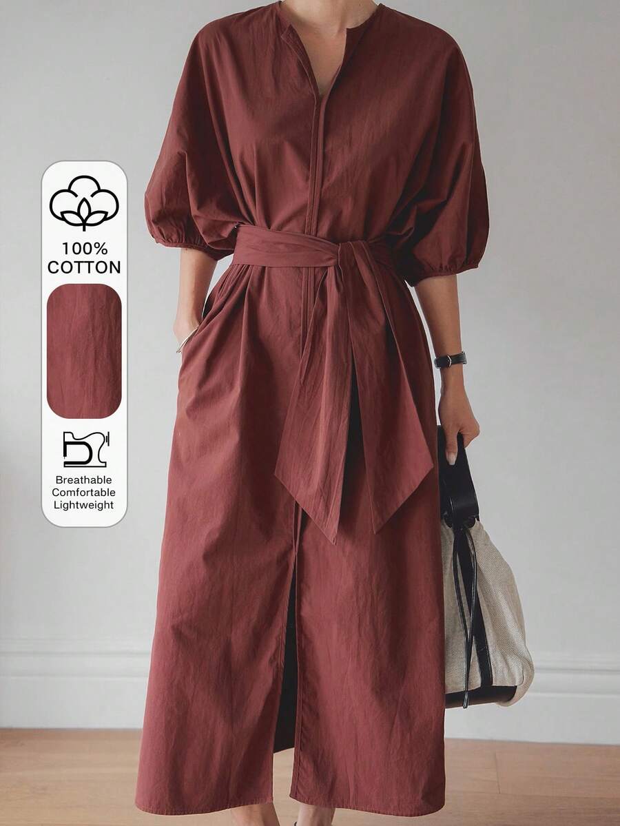 Dazy-Less 夏季宽松商务休闲纯色通勤办公装拼接长款衬衫裙，收腰设计，泡泡袖，短袖女款 - 紅木色 - 查看 1