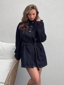 Jeta Ari Women's Stand Collar Belted Loose Urban Casual Denim Jacket And Coat Fall/Winter - Dark Wash - View 6