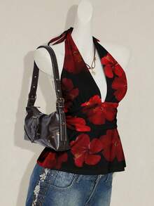 SHEIN ICON 女款休閒掛脖露背背心上衣，花卉印花，適合度假、夏季、海灘穿著、假期、春季女裝，紅色 - 彩色 - 查看 5
