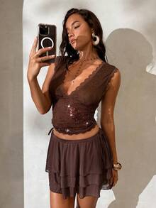 Aloruh Women's Brown Lace V-Neck Sleeveless Sequin Embroidered Tank Top - Brown - View 5