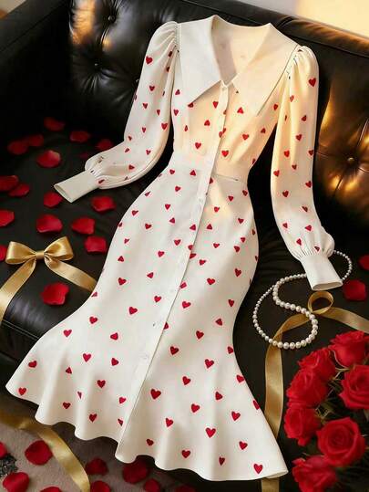 Chiquease Women's Elegant Commuter Heart Print Dress Long Sleeve Heart Dress French Style Dress White Dress With Red Hearts Elegant Dress Long Sleeve Elegant Dress Cherry Dress Women White Vintage Dress Long Sleeve Dress White And Red Dress Retro Dresses For Woman