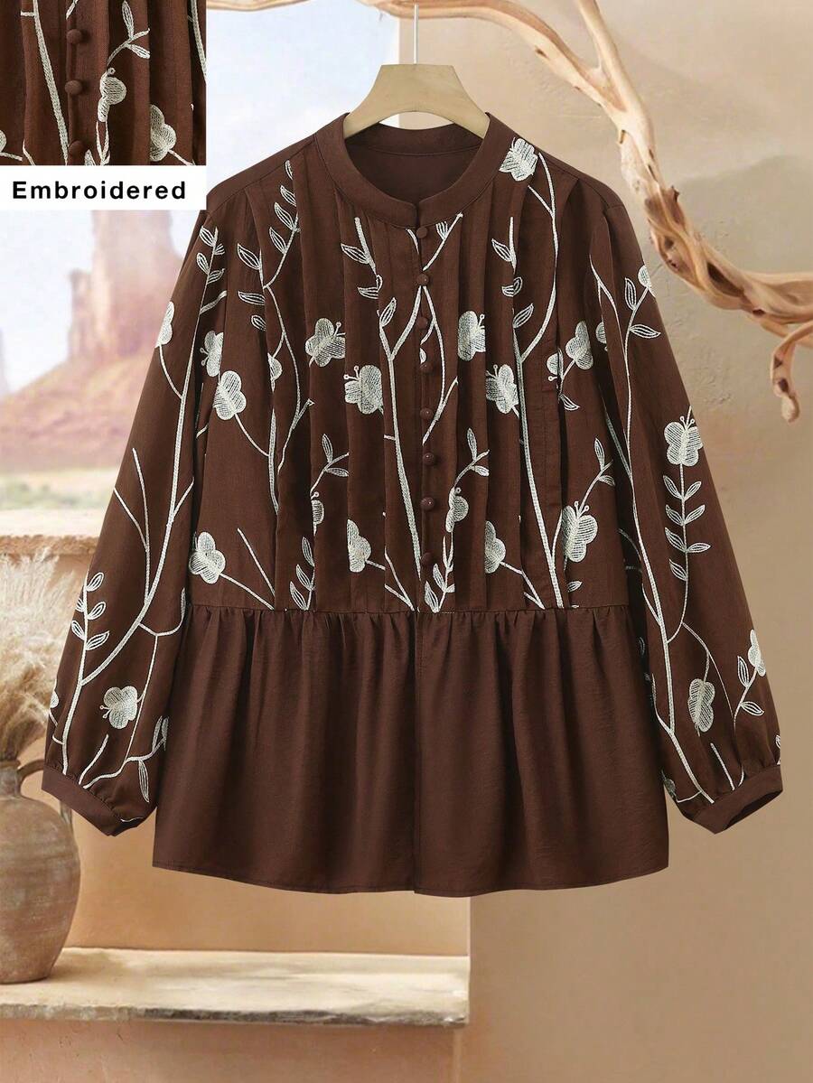 Lacomfia Áo kiểu dáng ôm sát tay dài, cổ bướm, thêu tinh tế, cỡ lớn, thích hợp cho mùa xuân và mùa thu. - màu nâu - Xem 1