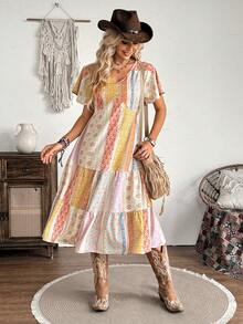 LanaWest Women's Multicolor Patchwork Bohemian Print Ruffle Sleeve Casual Mini Dress - Multicolor - View 4