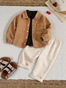 三件套包括：黑色T恤、休闲可爱灯芯绒外套、黑色高领T恤、松紧腰休闲裤、针织长袖上衣 - 彩色 - 查看 9