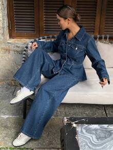 Livesso 女士休闲牛仔套装，翻领荷叶边下摆上衣和裤子，秋季款 - 藍色 - 查看 6