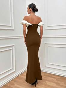 EURMUSE Vestido ajustado con hombros descubiertos y volantes en dos tonos, vestido elegante - Marrón - Ver 2