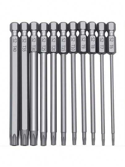 11Pcs Long Torx Security Head Screwdriver Drill Set, 1/4 Inch Hex Shank S2 Steel Torx Screwdriver Bit Set, T6 T7 T8 T9 T10 T15 T20 T25 T27 T30 T40,Tool Accessories
