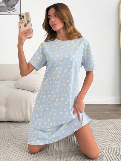 EURMUSE Camisola feminina de algodão com gola redonda e estampa de margaridas multicoloridas, manga curta, confortável, para usar em casa ou dormir.