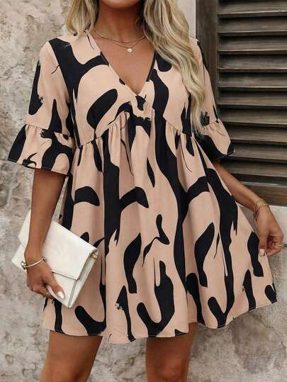 Breezaya Plus Size Women Summer Casual Floral Print V-Neck Short Dress Women Vacation Dress Butterfly Sleeve Dress Summer Casual Dress Cow Print Dress Short Sleeve Summer Dress