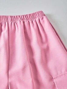 SHEIN ChillGRL 2pcs/Set Tween Girls Letter Print Crew Neck T-Shirt + Casual Cargo Pants, Street Style, Suitable For Summer Vacation - Pink - View 7