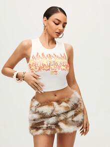 MTV | SHEIN Women's Casual Letter & Flame Print Cropped Tank Top, Summer - White - View 7