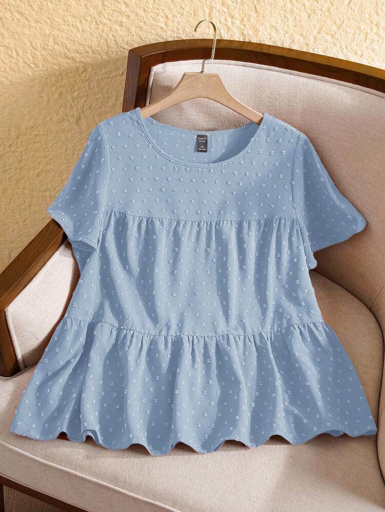 Long Plus Size Baby Blue Woven Fabric Peplum Blouse With Flounce Short Sleeves And Ruffle Hem Tops Women Plus