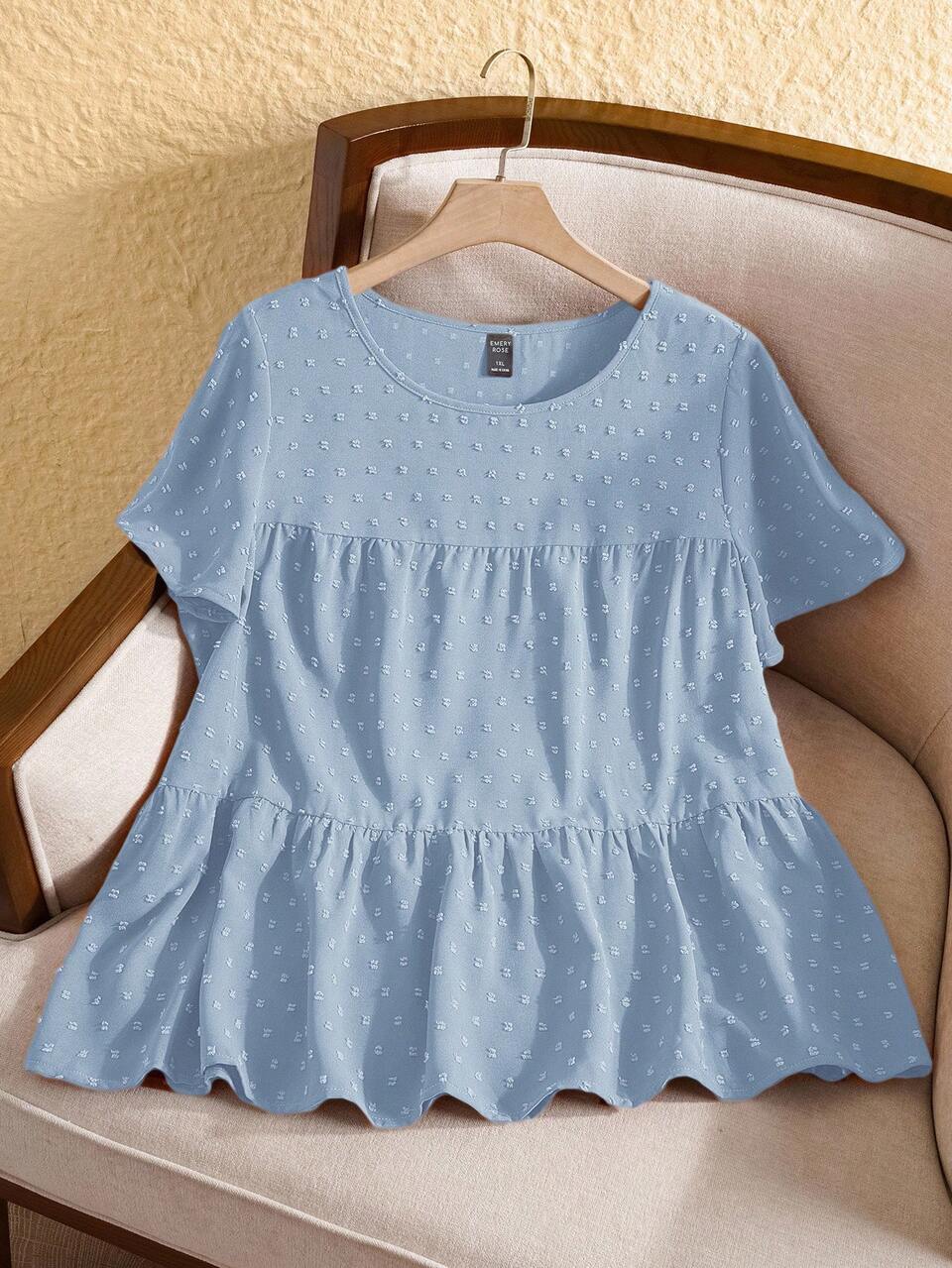 Long Plus Size Baby Blue Woven Fabric Peplum Blouse With Flounce Short Sleeves And Ruffle Hem Tops Women Plus