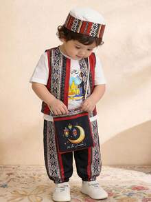 SHEIN Conjunto de 3 piezas para bebé niño: Camiseta de manga corta con estampado floral vintage y de niño lindo, chaleco de punto y pantalón de linterna, ropa de primavera/verano para bebé niño - Negro - Ver 1