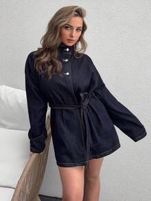 Jeta Ari Women's Stand Collar Belted Loose Urban Casual Denim Jacket And Coat Fall/Winter - Dark Wash - View 4