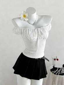 Sweetra Áo thun nữ màu trắng, thích hợp cho Halloween, Lễ Tạ ơn, Năm mới, dự tiệc, đi làm, mặc hàng ngày, du lịch, nghỉ mát. Áo thun trắng tay ngắn với thiết kế chắp vá, thêu, khoét lỗ, thắt nơ phía trước, hở vai, thắt eo, ngọt ngào và dễ thương. - trắng - Xem 3