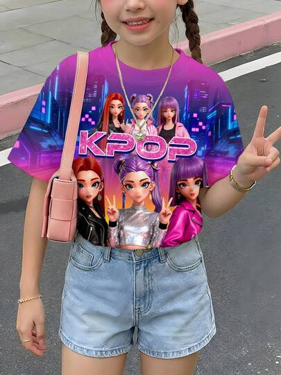 SHEIN Casual Fashionable Neon Colorful K-POP Cartoon Girl Print Round Neck Short Sleeve T-Shirt, Suitable For Spring/Summer Daily Wear, Outings, Campus, Vacation