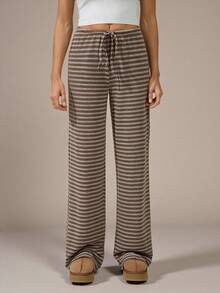 SHEIN Tall Women's New Brown Striped Low-Waist Pants, Autumn/Winter,Fall - Multicolor - View 3