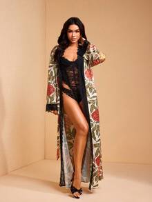 JIAN LASALA Floral Print Satin Silk-Like Elegant Women Loose Maxi Robe With Lace Trim Long Bell Sleeves - Multicolor - View 8