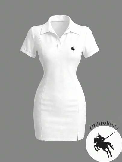 INAWLY 优雅刺绣休闲Polo领修身T恤连衣裙