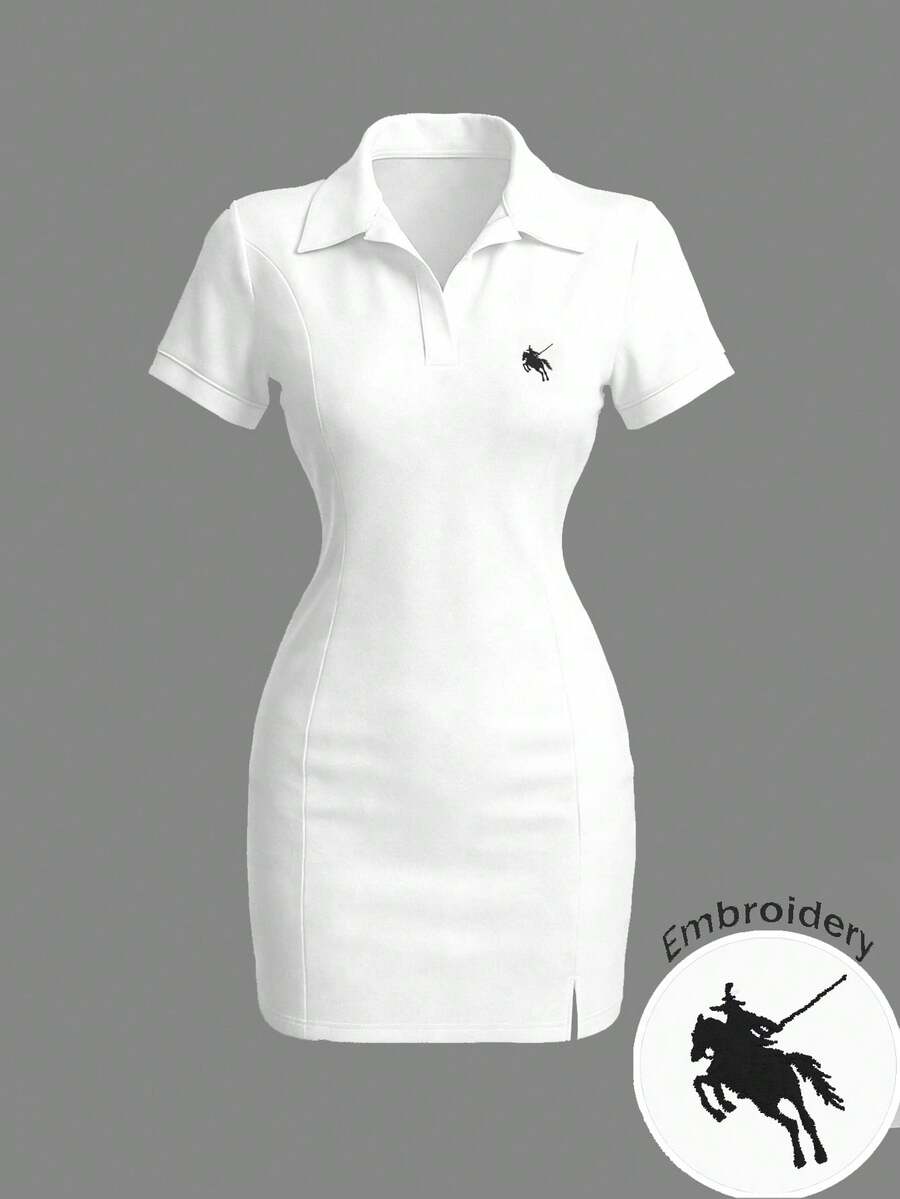 INAWLY 优雅刺绣休闲Polo领修身T恤连衣裙 - 彩色 - 查看 1