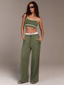 Menodora SHEIN Sport Women's Solid Color Drawstring Waist Pockets Wide Leg Loose Casual Sweatpants - Army Green - View 2
